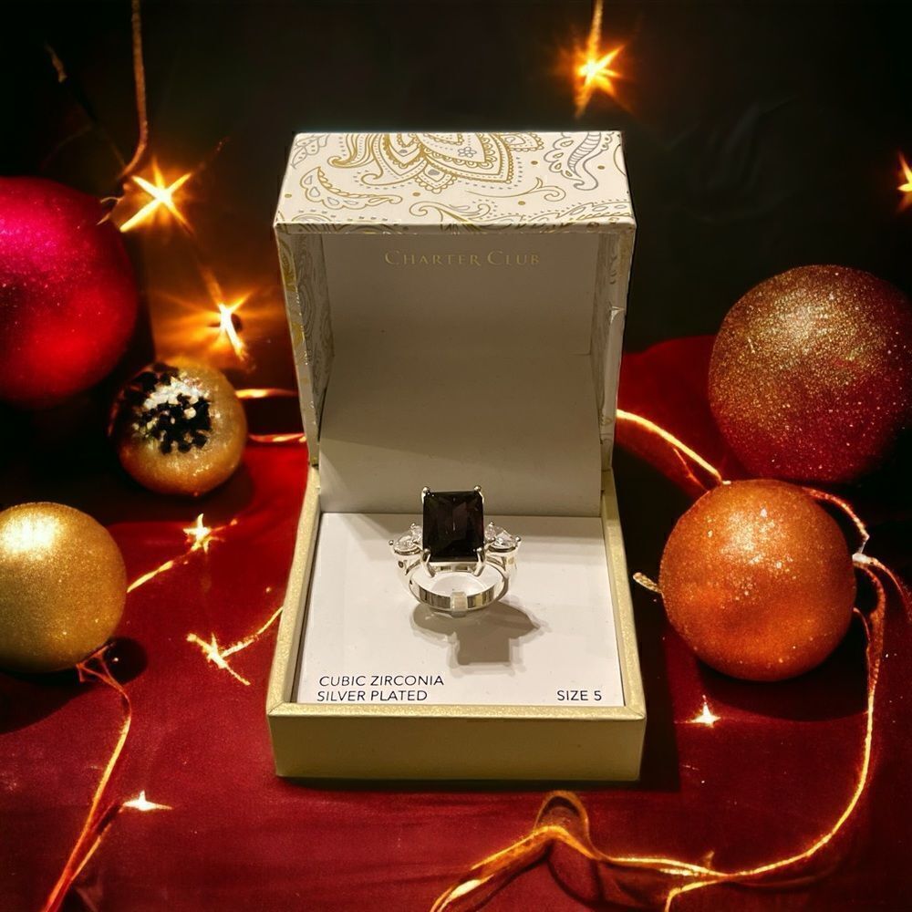 NWT Charter Club Emerald Cut Crystal Ring in Silver Plate, Created for Macy's